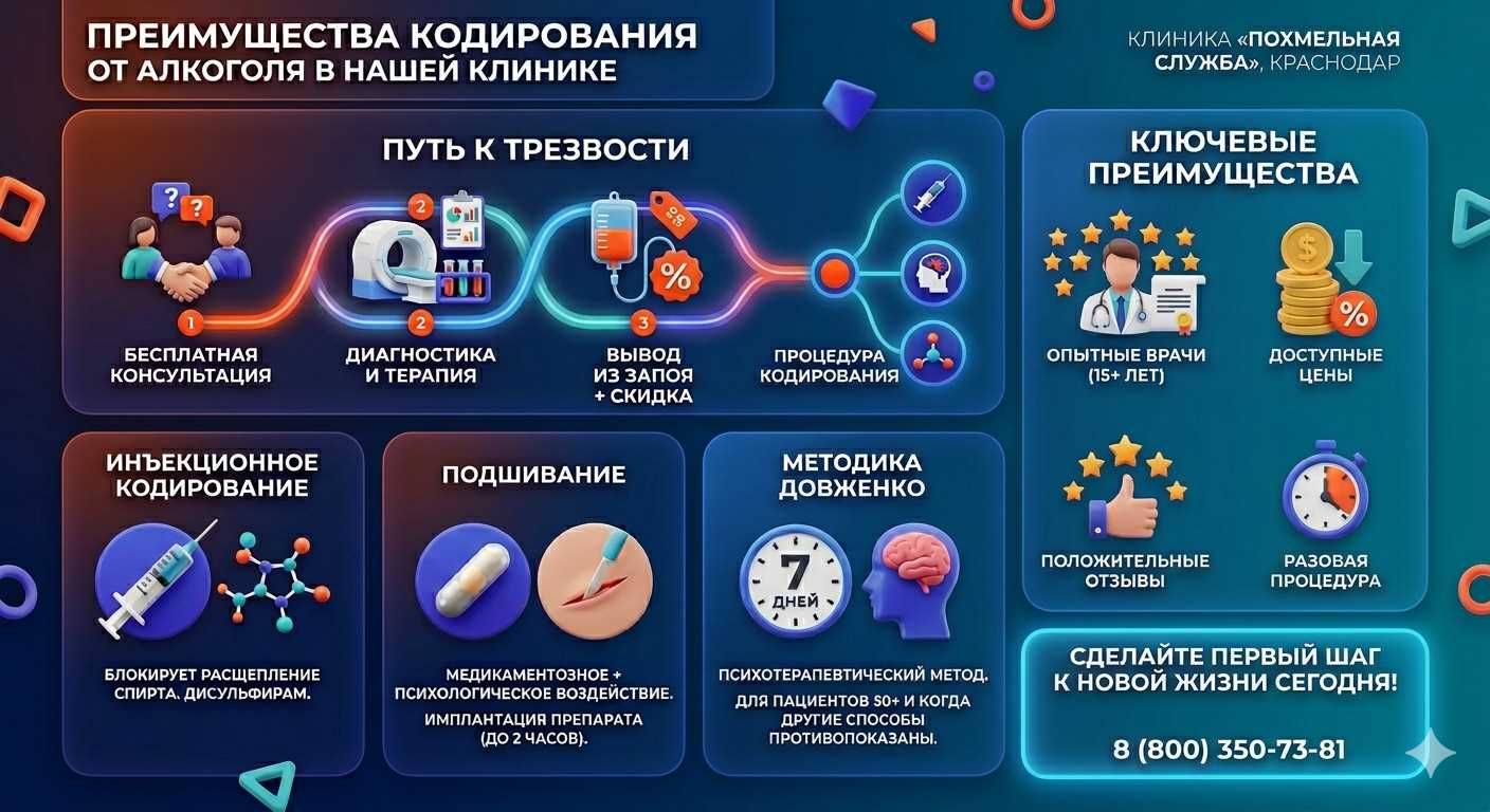 Инфографика о методах кодирования от алкоголя в Ижевске: инъекции, подшивание, метод Довженко. Преимущества клиники и этапы лечения.